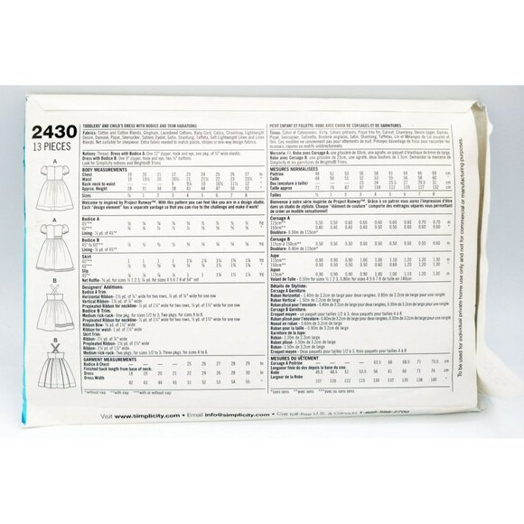 Simplicity Project Runway Pattern 2430 BB 4 5 6 7 8 Dress w Bodice Trim Uncut - Picture 3 of 3